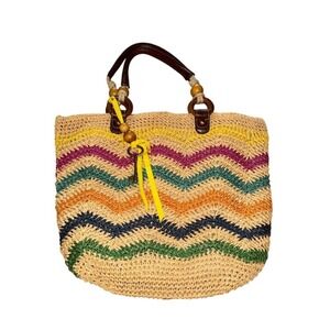 Fossil Chevron‎ raffia Straw Tote Bag Multicolor with Key Charm